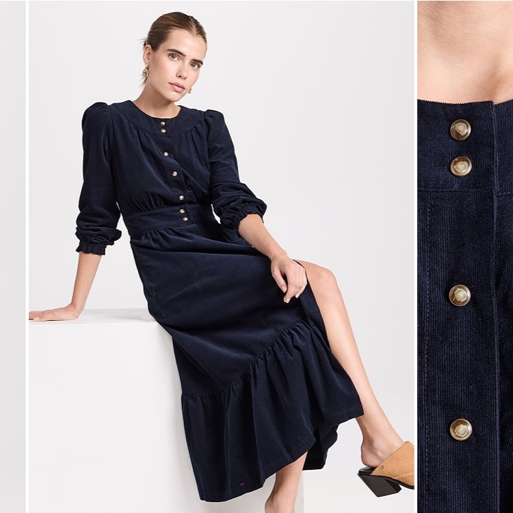 Xirena Greta Navy Micro Cord Midi Snap Front Dress Size Medium Prairie Core